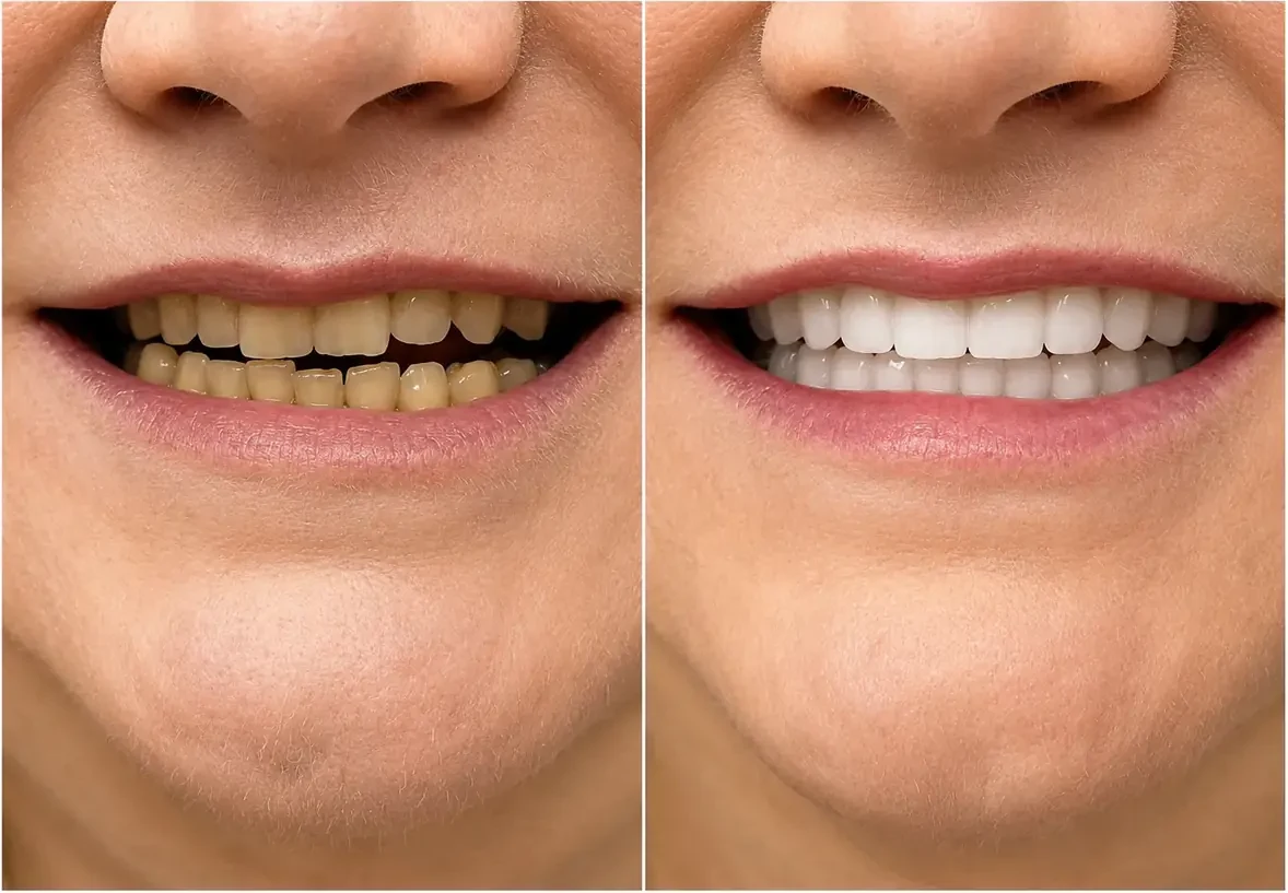 Close-up smile before and after an All-on-X fixed implant arch