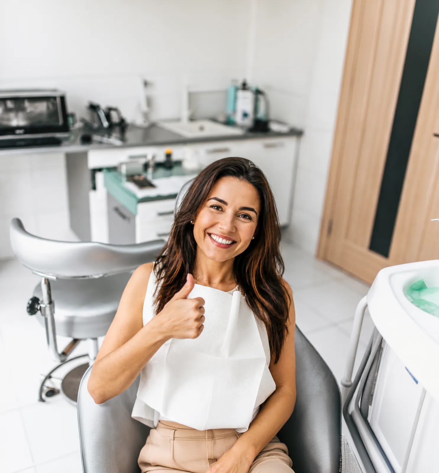 Happy patient in a modern dental chair giving a thumbs up