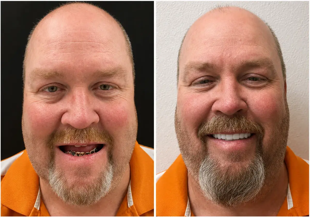 Patient smile before and after All-on-X full mouth reconstruction